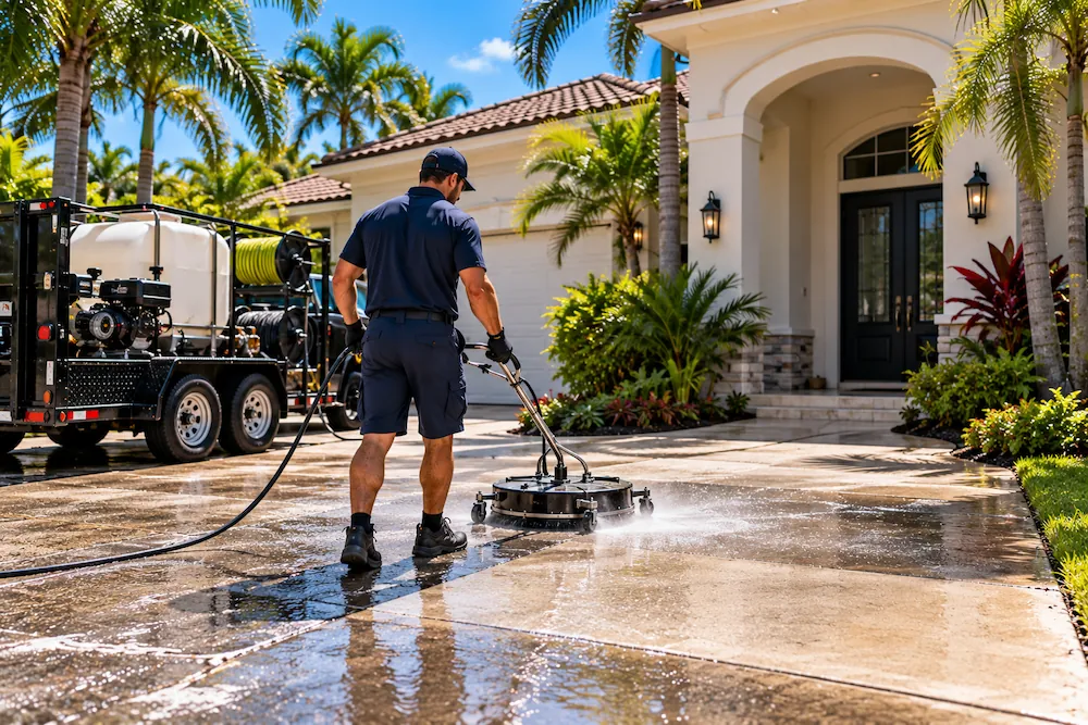 Driveway pressure washing showing a clean line on the concrete
