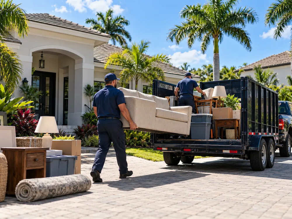 Crew loading furniture into the Impact junk removal trailer in Tampa