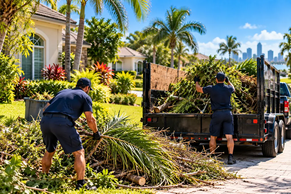 Branches and palm fronds being cleared for yard debris removal